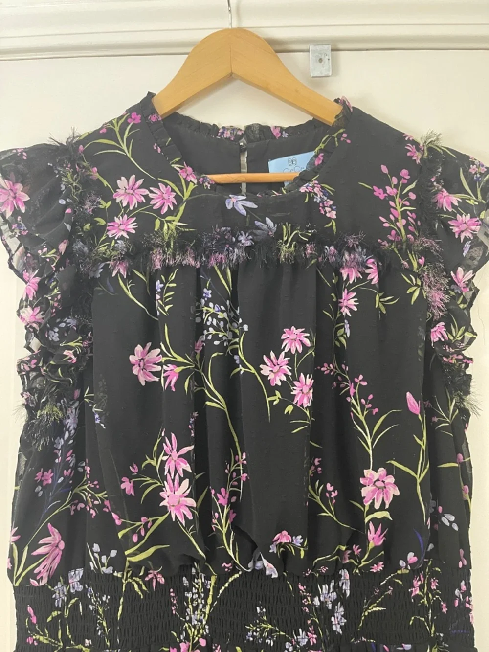 CeCe Plus Size Smocked Waist Ruffle  Sleeveless Mock Neck Floral Midi Dress - Picture 2 of 13